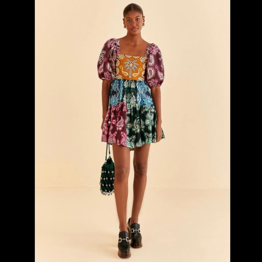 FARM Rio Mermaid Colorful Patchwork Puff Sleeve Dress NWT